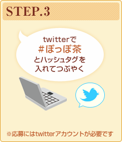 STEP.3　twitterで#ぽっぽ茶とハッシュタグを入れてつぶやく